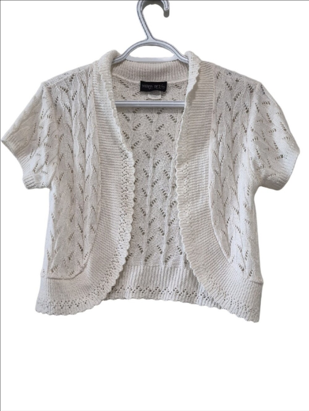 Short-Sleeve white pointelle-knit crochet bolero shrug cardigan Open Front